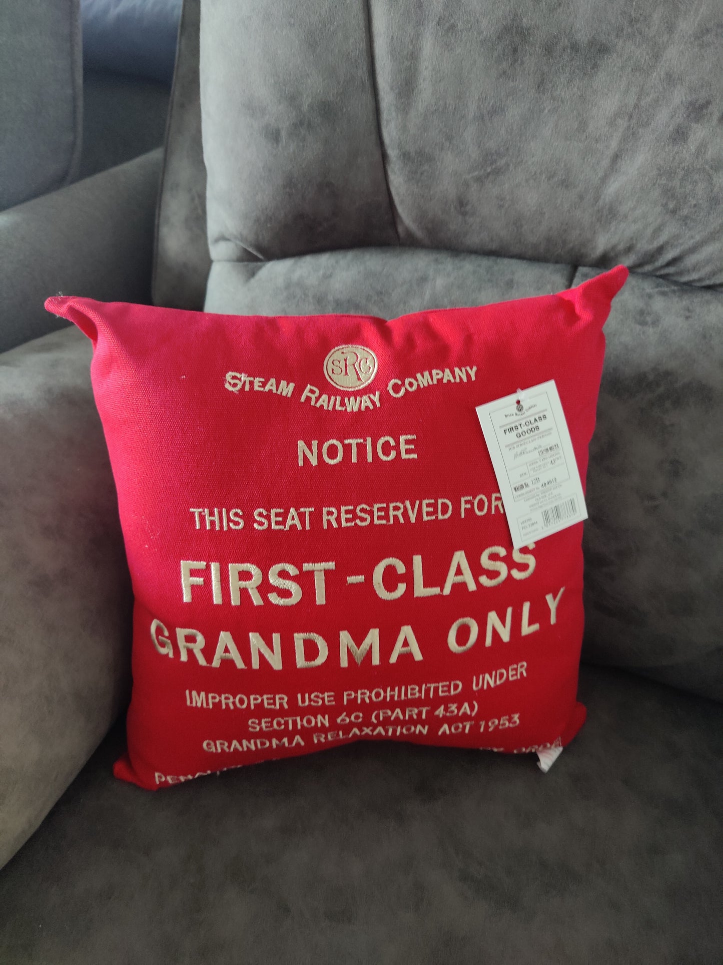First Class Grandma Red Canvas Railway Gift Cushion