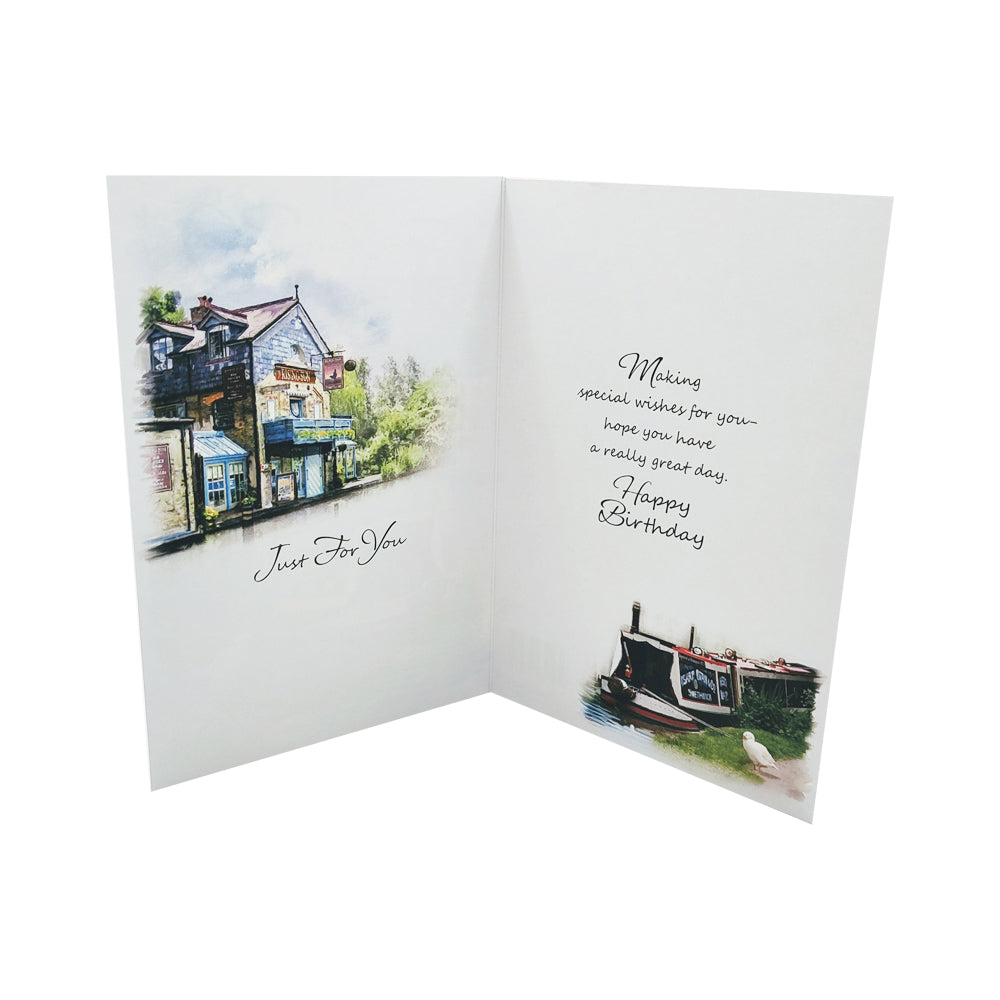 70th Birthday Card for Men - Traditional Canal Boat