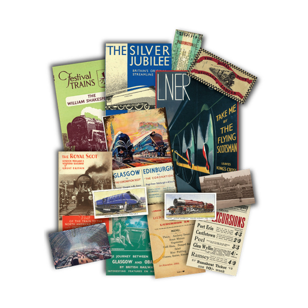 A group of documents included in the Steam Trains replica time capsule pack.